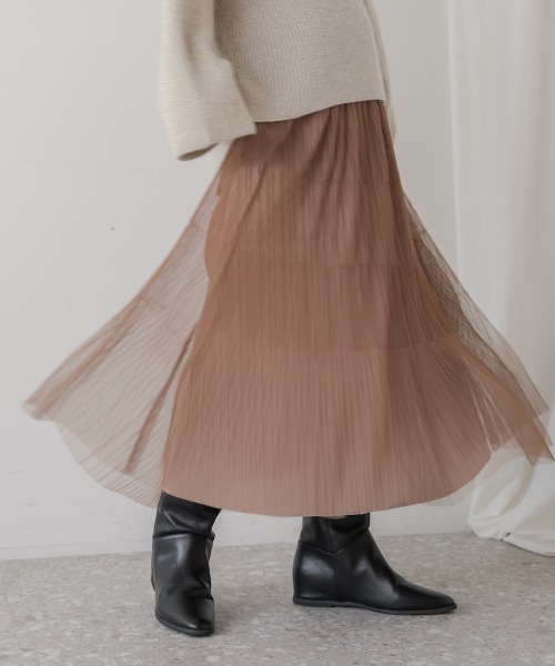 Bou Jeloud（ブージュルード）の「チュールプリーツスカート（スカート・レディース・モカ/ブラック・FREE）」の2枚目の写真