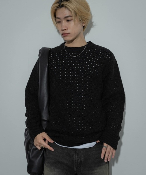 セール】クロス編みシアークルーネックニット（ニット/セーター