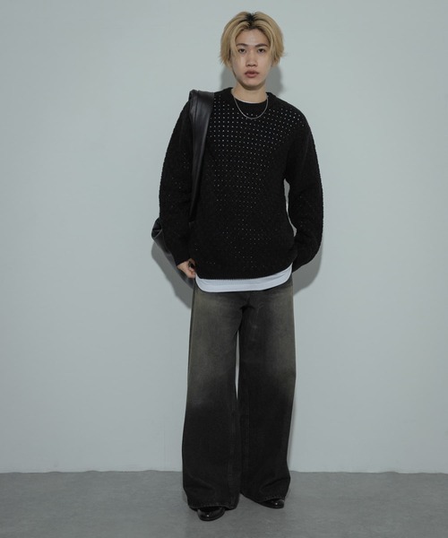 セール】クロス編みシアークルーネックニット（ニット/セーター