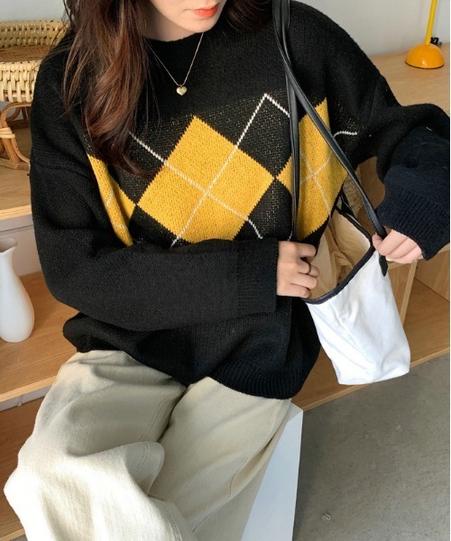 &soiree(アンドソワレ)の「【&soiree】アーガイル柄クルーネックニットセーター(ニット/セーター・レディース・ネイビー/ブラック・FREE)」の6枚目の写真