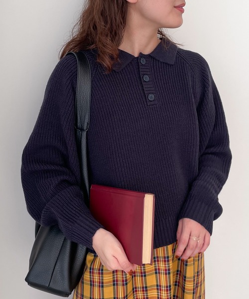 Samansa Mos2(サマンサ モスモス)の「◎畦編みニットポロ(ニット/セーター・レディース・キナリ/ネイビー/ブラウン・F)」の8枚目の写真