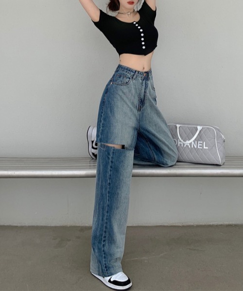 Mela(メラ)の「HWカットアウトワイドデニム(デニムパンツ・レディース・ブルー・L/S/M)」の5枚目の写真