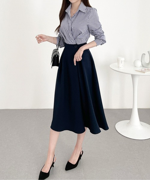 ストライプシャツドッキングプリーツワンピース（シャツワンピース）｜AMAJI（アマジ）