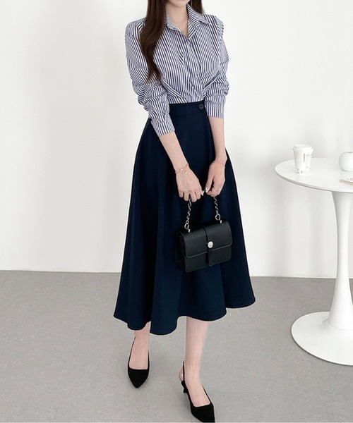 ストライプシャツドッキングプリーツワンピース（シャツワンピース）｜AMAJI（アマジ）