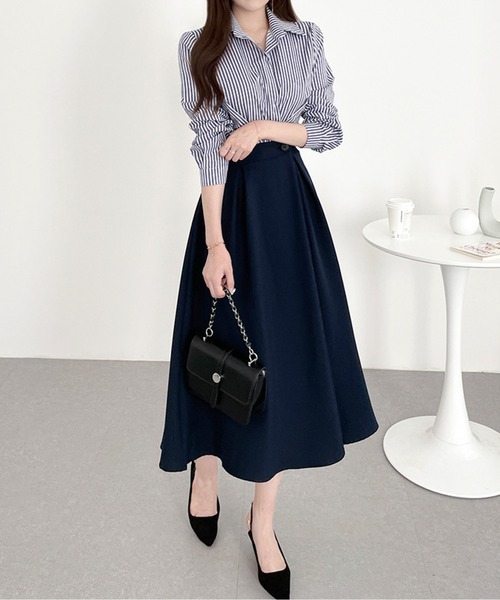 ストライプシャツドッキングプリーツワンピース（シャツワンピース）｜AMAJI（アマジ）