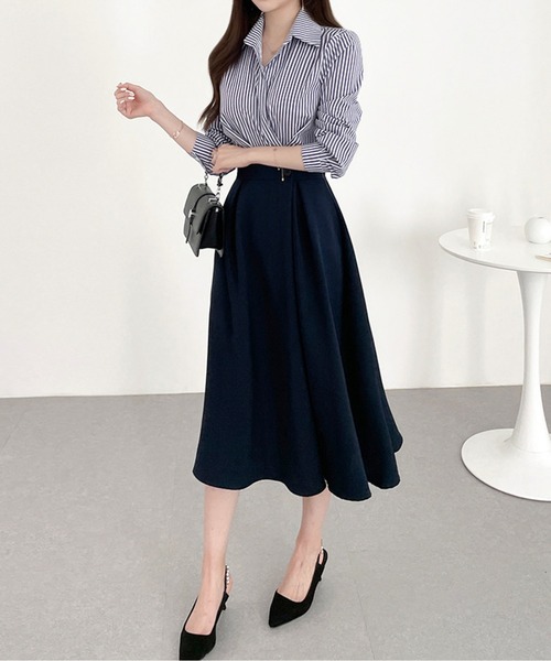 ストライプシャツドッキングプリーツワンピース（シャツワンピース）｜AMAJI（アマジ）