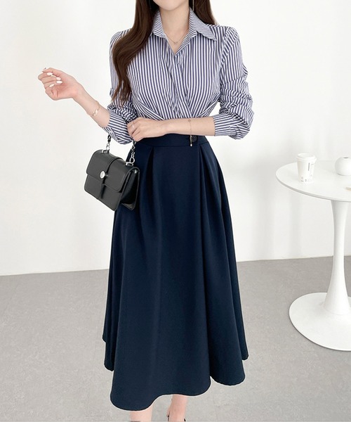 ストライプシャツドッキングプリーツワンピース（シャツワンピース）｜AMAJI（アマジ）