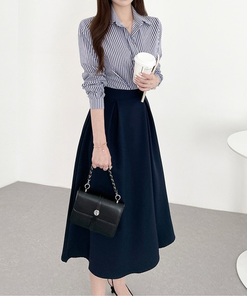 ストライプシャツドッキングプリーツワンピース（シャツワンピース）｜AMAJI（アマジ）