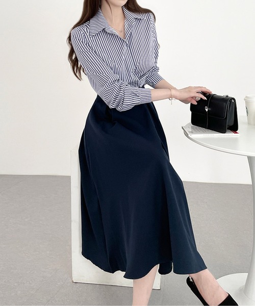 ストライプシャツドッキングプリーツワンピース（シャツワンピース）｜AMAJI（アマジ）