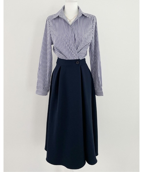 ストライプシャツドッキングプリーツワンピース（シャツワンピース）｜AMAJI（アマジ）