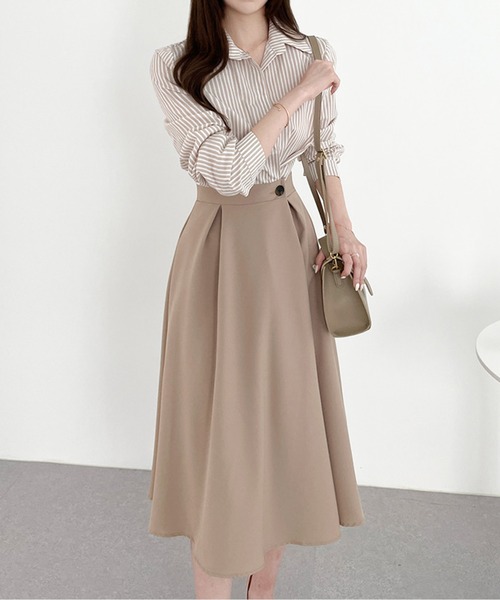 ストライプシャツドッキングプリーツワンピース（シャツワンピース）｜AMAJI（アマジ）