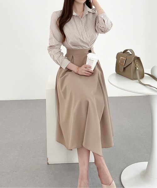 ストライプシャツドッキングプリーツワンピース（シャツワンピース）｜AMAJI（アマジ）