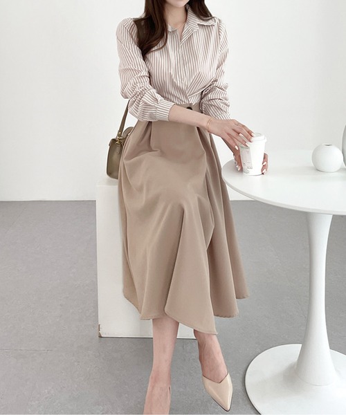 ストライプシャツドッキングプリーツワンピース（シャツワンピース）｜AMAJI（アマジ）