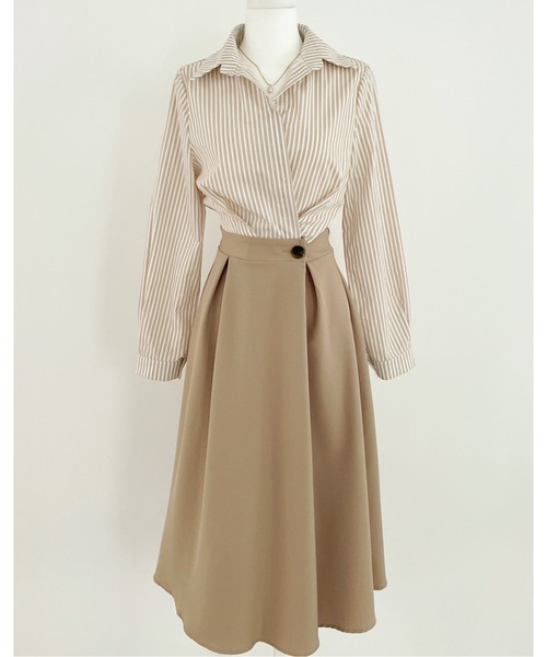 ストライプシャツドッキングプリーツワンピース（シャツワンピース）｜AMAJI（アマジ）