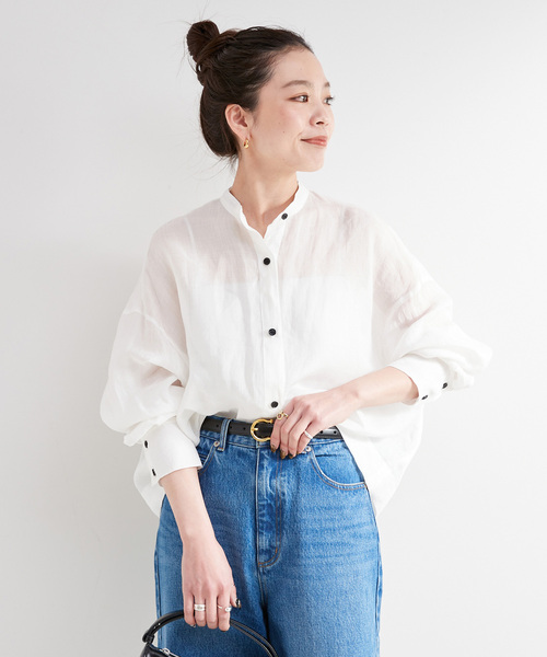 B.C STOCK(ベーセーストック)の「手洗い可 / パナマラミーシャツ(シャツ/ブラウス・レディース・ネイビー/ホワイト/ライトグリーン/イエロー・FREE)」の2枚目の写真