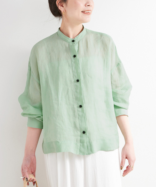 B.C STOCK(ベーセーストック)の「手洗い可 / パナマラミーシャツ(シャツ/ブラウス・レディース・ネイビー/ホワイト/ライトグリーン/イエロー・FREE)」の3枚目の写真