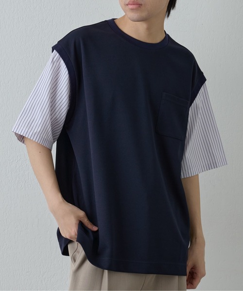COLONY 2139(コロニートゥーワンスリーナイン)の「ストライプスリーブ切替半袖T(Tシャツ/カットソー・メンズ・ネイビー/ブラック・MEDIUM/LARGE)」の2枚目の写真