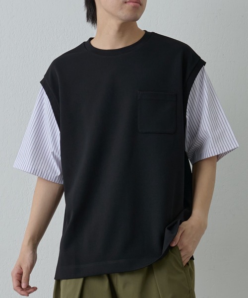 COLONY 2139(コロニートゥーワンスリーナイン)の「ストライプスリーブ切替半袖T(Tシャツ/カットソー・メンズ・ネイビー/ブラック・MEDIUM/LARGE)」の1枚目の写真