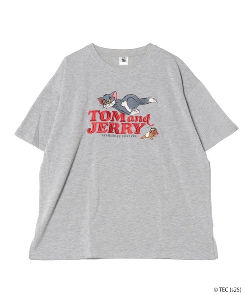 Tom&Jerry(トムアンドジェリー)の「【公式】トムとジェリー 総刺繍半袖Tシャツ(Tシャツ/カットソー・レディース・オフホワイト/グレー/パープル/スミクロ・M/L)」の1枚目の写真