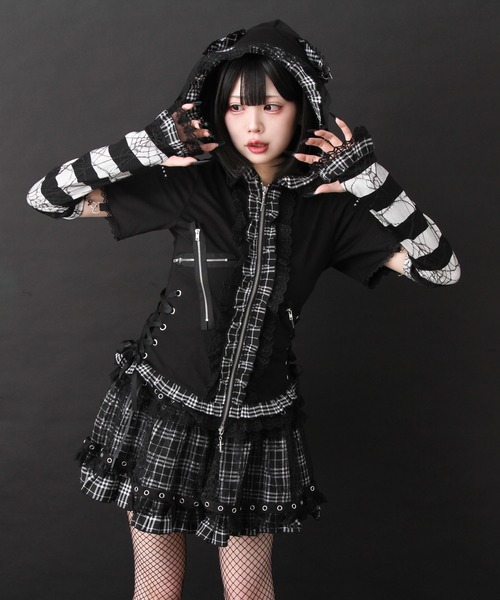 DearMyLove（ディアマイラブ）の「猫耳チェックフリルクモレースパンクショートトップス（Tシャツ/カットソー・レディース・レッド/ピンク/ブラック×ホワイト/パープル・MEDIUM/LARGE/LL/3L）」の3枚目の写真