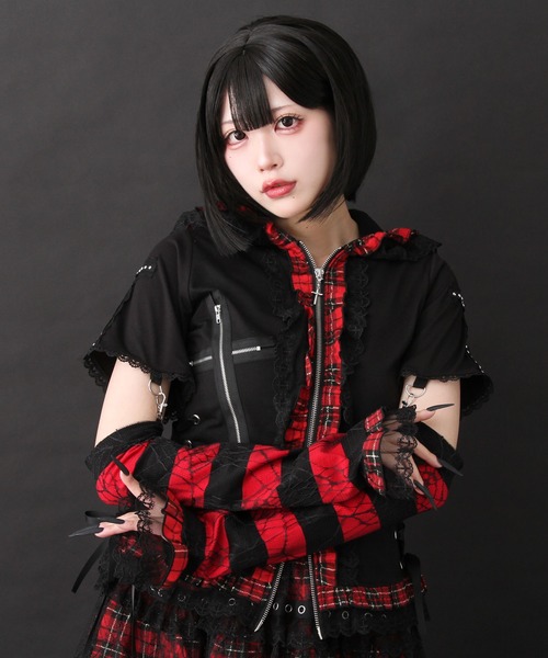 DearMyLove（ディアマイラブ）の「猫耳チェックフリルクモレースパンクショートトップス（Tシャツ/カットソー・レディース・レッド/ピンク/ブラック×ホワイト/パープル・MEDIUM/LARGE/LL/3L）」の2枚目の写真