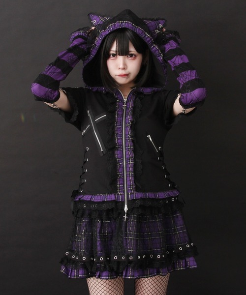 DearMyLove（ディアマイラブ）の「猫耳チェックフリルクモレースパンクショートトップス（Tシャツ/カットソー・レディース・レッド/ピンク/ブラック×ホワイト/パープル・MEDIUM/LARGE/LL/3L）」の20枚目の写真