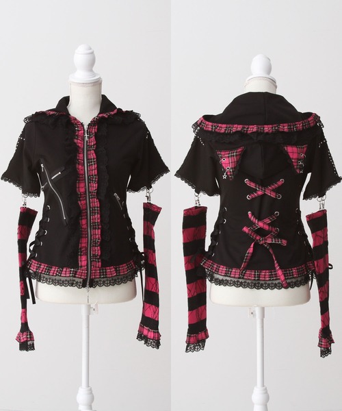 DearMyLove（ディアマイラブ）の「猫耳チェックフリルクモレースパンクショートトップス（Tシャツ/カットソー・レディース・レッド/ピンク/ブラック×ホワイト/パープル・MEDIUM/LARGE/LL/3L）」の5枚目の写真