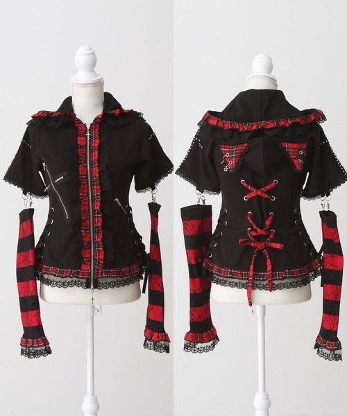 DearMyLove（ディアマイラブ）の「猫耳チェックフリルクモレースパンクショートトップス（Tシャツ/カットソー・レディース・レッド/ピンク/ブラック×ホワイト/パープル・MEDIUM/LARGE/LL/3L）」の6枚目の写真