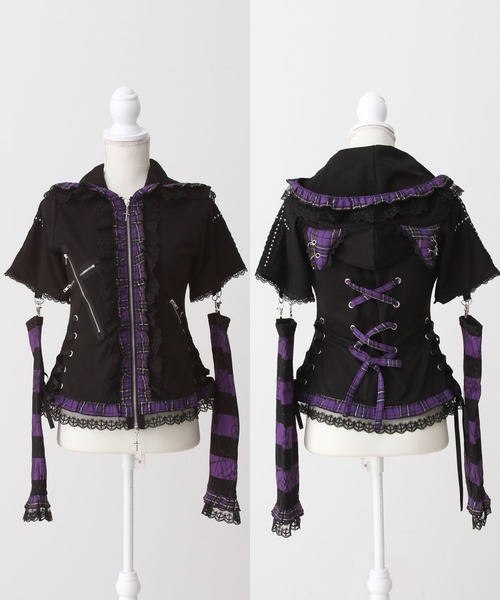 DearMyLove（ディアマイラブ）の「猫耳チェックフリルクモレースパンクショートトップス（Tシャツ/カットソー・レディース・レッド/ピンク/ブラック×ホワイト/パープル・MEDIUM/LARGE/LL/3L）」の7枚目の写真