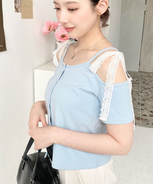 moment+(モーメントプラス)の「オフショルレースリボントップス(Tシャツ/カットソー・レディース・ブルー/イエロー/ブラック/アイボリー/オフホワイト/ピンク・M)」の21枚目の写真