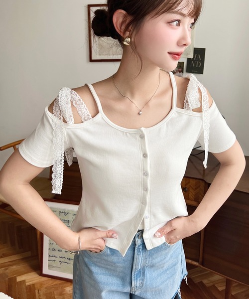 moment+(モーメントプラス)の「オフショルレースリボントップス(Tシャツ/カットソー・レディース・ブルー/イエロー/ブラック/アイボリー/オフホワイト/ピンク・M)」の9枚目の写真