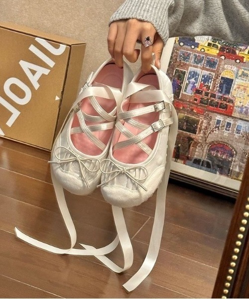 セール】レースアップ リボン フラット バレエシューズ（バレエ