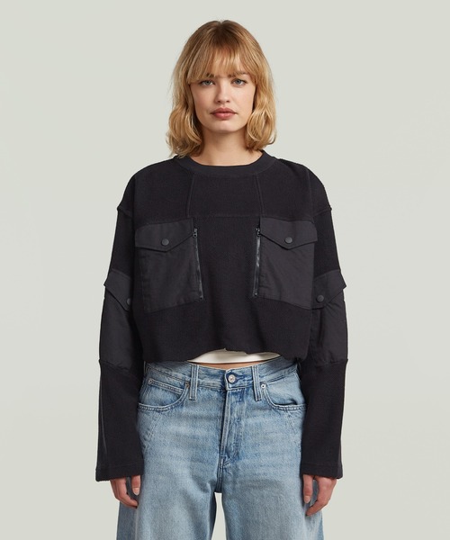 G-STAR（ジースター）の「MULTI POCKET MIX LOOSE CROPPED SWEATER/異素材ミックスマルチポケットクロップドオーバーサイズスウェット（スウェット・レディース・ベージュ系その他/ダークブラック・SMALL/MEDIUM/X-SMALL）」の2枚目の写真
