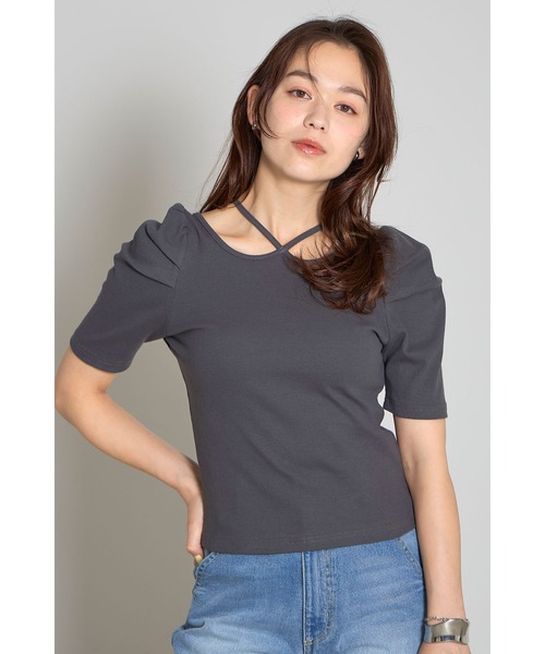 &. NOSTALGIA(アンドドットノスタルジア)の「ホルターネックボリュームスリーブカットソー(Tシャツ/カットソー・レディース・イエロー/グレー・M)」の2枚目の写真