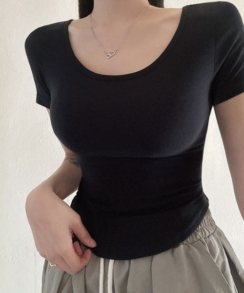 NANAHACHI(ナナハチ)の「ラウンドヘム ショート丈 半袖Tシャツ(Tシャツ/カットソー・レディース・ネイビー/グレー/アイボリー/ブラック/カーキ・FREE)」の15枚目の写真