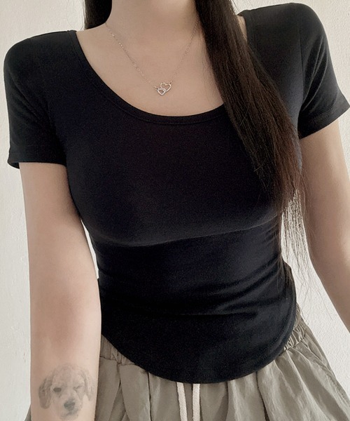 NANAHACHI(ナナハチ)の「ラウンドヘム ショート丈 半袖Tシャツ(Tシャツ/カットソー・レディース・ネイビー/グレー/アイボリー/ブラック/カーキ・FREE)」の22枚目の写真
