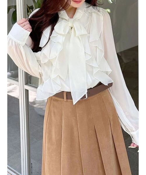 MERCURYDUO（マーキュリーデュオ）の「シフォンラッフルフリルボウタイブラウス（シャツ/ブラウス・レディース・オフホワイト/グレー/ベビーピンク/ライトブルー・FREE）」の5枚目の写真