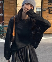 【MASHIRO】ルーズメッシュ透かし編みトップス