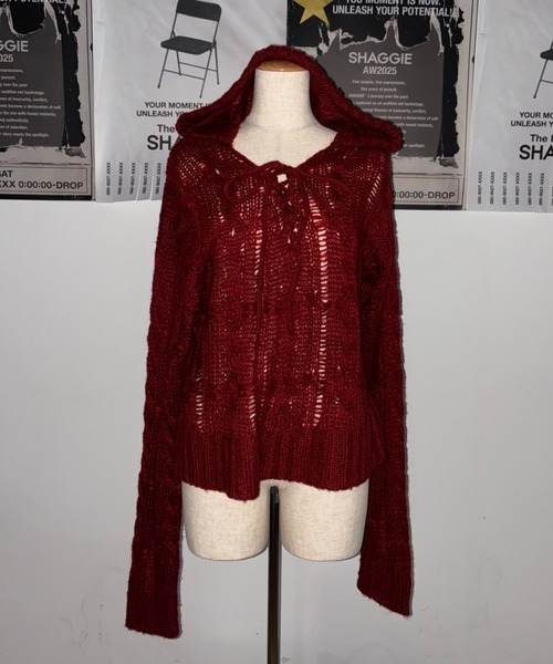 SHAGGIE（シャギー）の「レースアップフーディールーズニット（ニット/セーター・レディース・レッド/ホワイト/ブラック・FREE）」の11枚目の写真