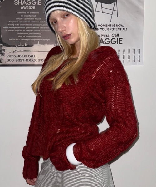 SHAGGIE（シャギー）の「レースアップフーディールーズニット（ニット/セーター・レディース・レッド/ホワイト/ブラック・FREE）」の4枚目の写真