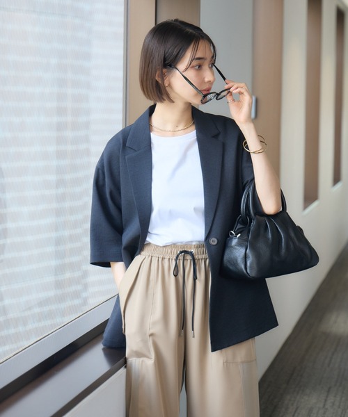 KATHARINE ROSS（キャサリンロス）の「【KATHARINE ROSS】【UV/接触冷感】メランジスラブ5分袖ジャケット（テーラードジャケット・レディース・ブラウン/ブラック・MEDIUM）」の9枚目の写真