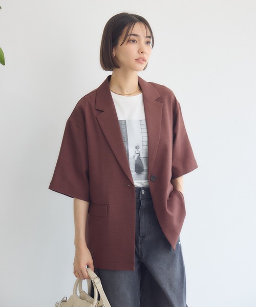 KATHARINE ROSS（キャサリンロス）の「【KATHARINE ROSS】【UV/接触冷感】メランジスラブ5分袖ジャケット（テーラードジャケット・レディース・ブラウン/ブラック・MEDIUM）」の15枚目の写真