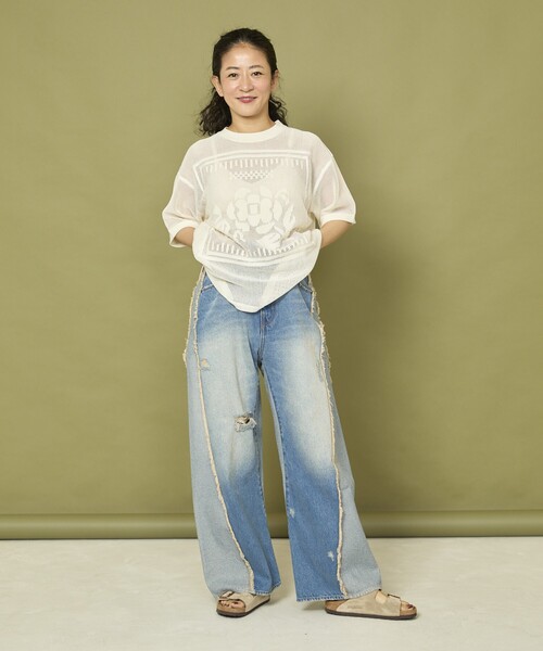 Freada（フリーダ）の「Freada/フリーダ メッシュ フラワー Tシャツ（Tシャツ/カットソー・レディース・オレンジ/ブラック/オフホワイト・ﾌﾘ-）」の4枚目の写真