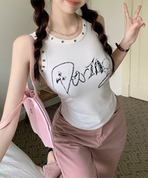 スリムフィット リベットデザイン レタリングロゴ 短丈 ノースリーブ Tシャツ