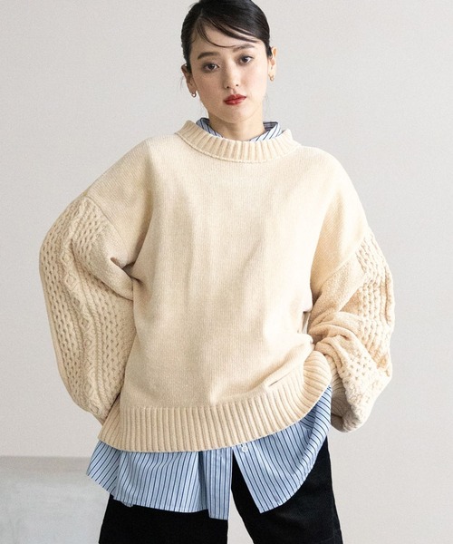 RAGEBLUE（レイジブルー）の「ボリュームスリーブ/袖デザインBIGモールニット（Tシャツ/カットソー・レディース・ブラウン/ブラック/ブルー/オフホワイト/レッド/ピンク・FREE）」の2枚目の写真