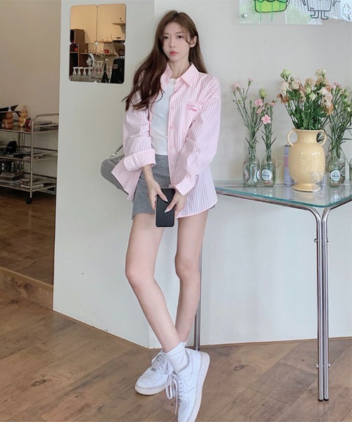 Mayree（メイリー）の「【Mayree】刺繍入り ストライプ 長袖 シャツ（シャツ/ブラウス・レディース・ピンク・LARGE/MEDIUM/SMALL）」の4枚目の写真