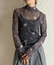 ハイネック長袖シャーリング花柄シアートップス