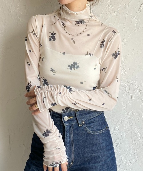 me 花柄 ハイネック長袖トップス ピンク レース トップス 花柄 ピンク レディース ハイネック シアー