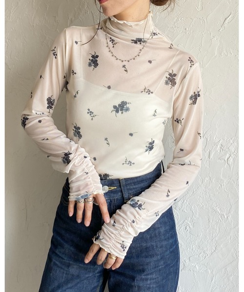 セール】ハイネック長袖シャーリング花柄シアートップス（Tシャツ