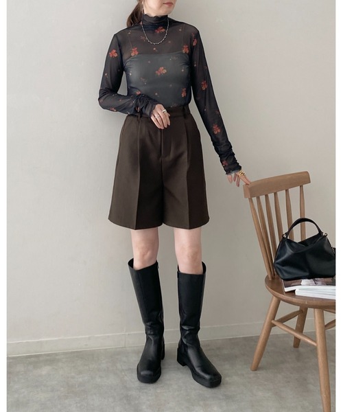 セール】ハイネック長袖シャーリング花柄シアートップス（Tシャツ